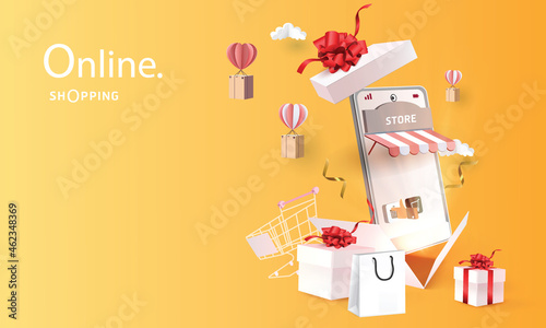 paper art shopping online on smartphone and new buy sale promotion pink backgroud for banner market ecommerce women concept.
