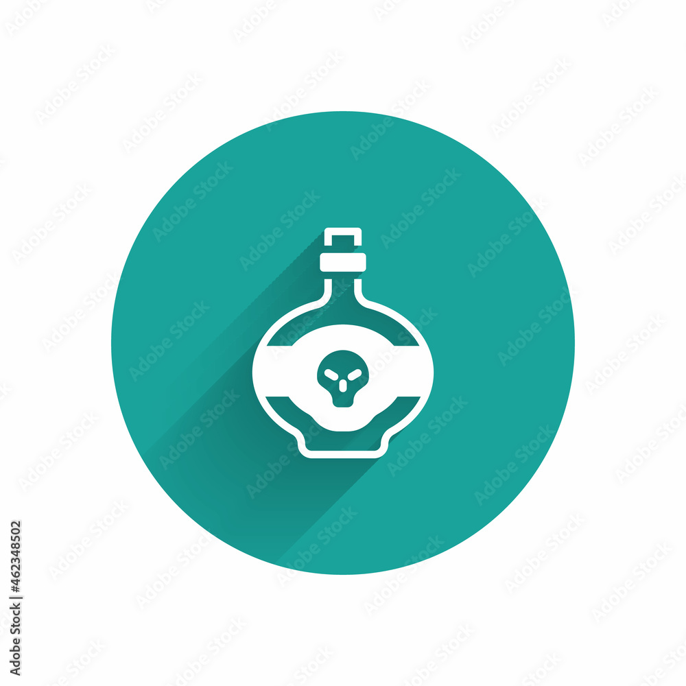 White Poison in bottle icon isolated with long shadow. Bottle of poison or poisonous chemical toxin. Green circle button. Vector White Poison in bottle icon isolated with long shadow. Bottle of poison or poisonous chemical toxin. Green circle button. Vector