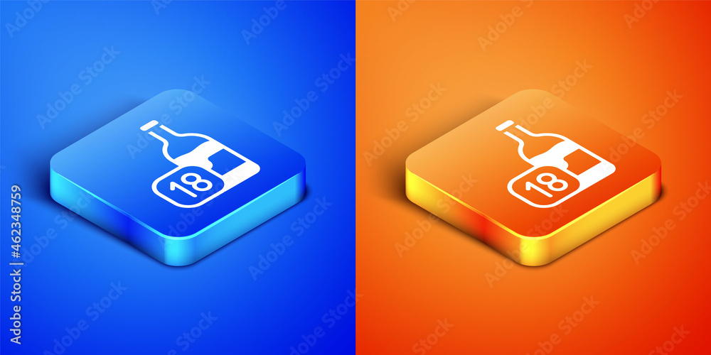 Isometric Wine bottle icon isolated on blue and orange background. Age limit for alcohol. Square button. Vector Isometric Wine bottle icon isolated on blue and orange background. Age limit for alcohol. Square button. Vector