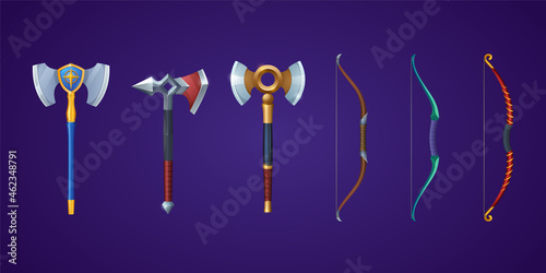 Viking axes and archery bows for medieval battle or fight. Vector cartoon set of antique heavy weapons with broad metal blade and longbows for game interface isolated on background