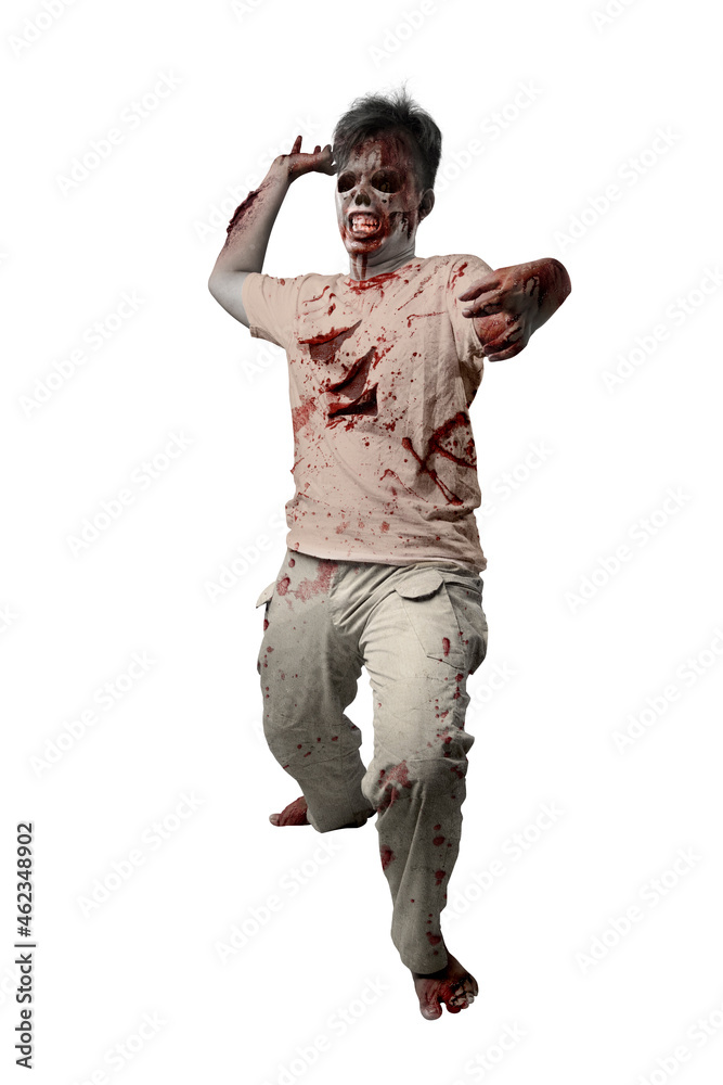 Scary zombie with blood and wound on his body standing Scary zombie with blood and wound on his body standing
