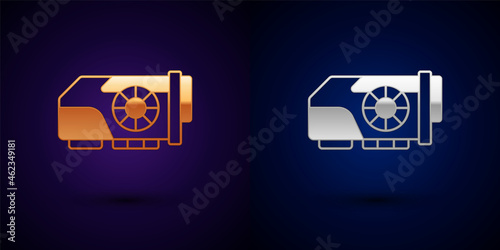 Gold and silver Video graphic card icon isolated on black background. Vector