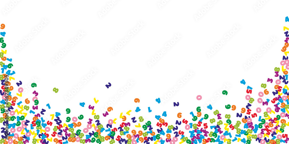 Falling colorful numbers. Math study concept with flying digits. Cute back to school mathematics banner on white background. Falling numbers vector illustration. Falling colorful numbers. Math study concept with flying digits. Cute back to school mathematics banner on white background. Falling numbers vector illustration.