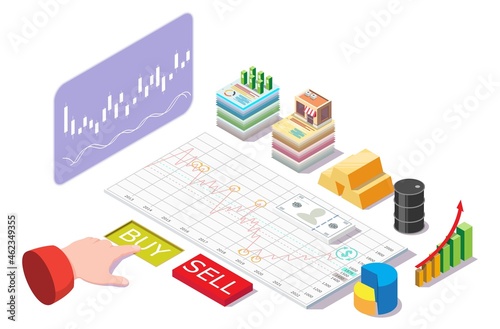 Businessman trader buying shares online, investing in stock market, flat vector isometric illustration. Stock trading.