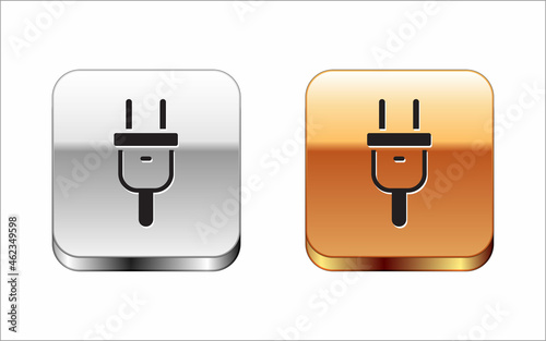 Black Electric plug icon isolated on white background. Concept of connection and disconnection of the electricity. Silver and gold square buttons. Vector