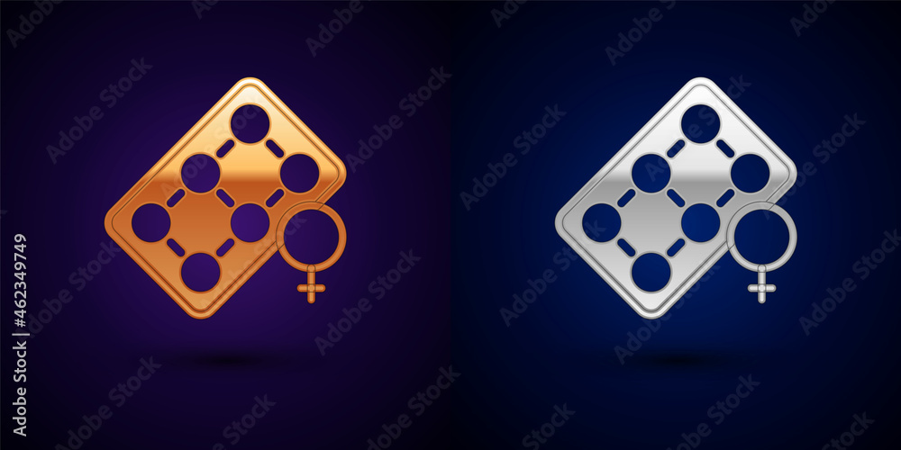 Gold and silver Packaging of birth control pills icon isolated on black background. Contraceptive pill. Vector Gold and silver Packaging of birth control pills icon isolated on black background. Contraceptive pill. Vector