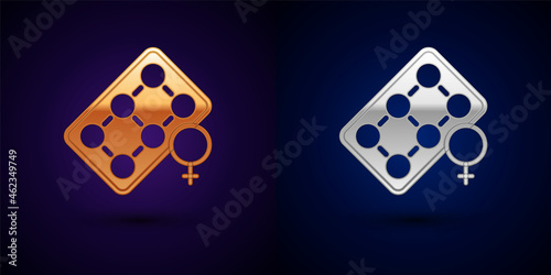 Gold and silver Packaging of birth control pills icon isolated on black background. Contraceptive pill. Vector