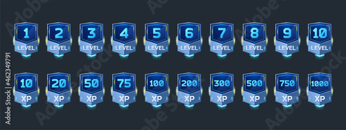 Futuristic badges with level number and experience points for game ui design. Vector cartoon icons of blue labels with rank and xp in sci fi style isolated on background