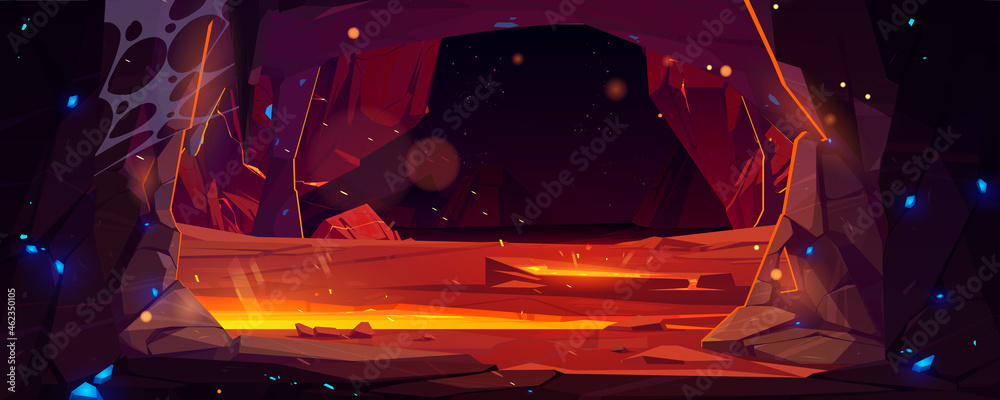Dark cave in mountain with hot lava. Vector cartoon illustration of underground volcano, tunnel in rock with molten magma, sparks and blue crystals in stone walls - obrazy, fototapety, plakaty 