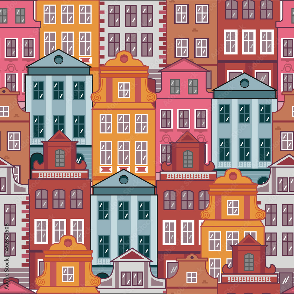 Seamless pattern - colorful houses in the style of Amsterdam, Prague. European old town. European architecture. Stylized facades of buildings.