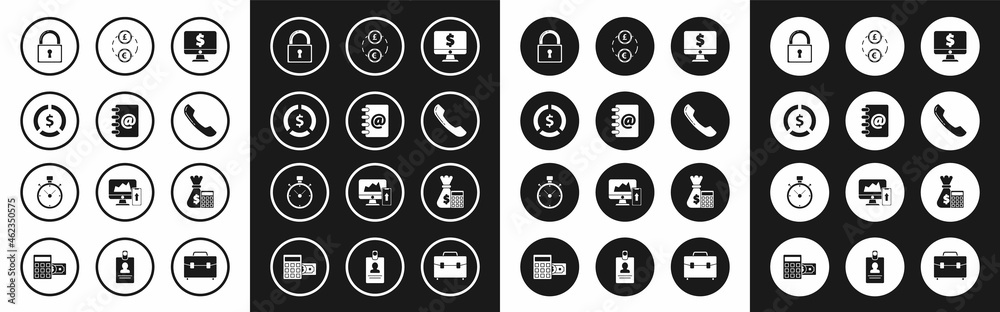 Set Computer monitor with dollar symbol, Address book, Coin money, Lock, Telephone handset, Money exchange, Calculator bag and Stopwatch icon. Vector Set Computer monitor with dollar symbol, Address book, Coin money, Lock, Telephone handset, Money exchange, Calculator bag and Stopwatch icon. Vector