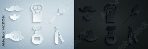 Set Cream or lotion cosmetic tube, Hairbrush, Shaving gel foam hand, Straight razor, Electrical hair clipper shaver and Mustache beard icon. Vector