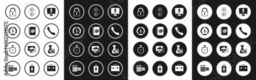 Set Computer monitor with dollar symbol, Address book, Coin money, Lock, Telephone handset, Money exchange, Calculator bag and Stopwatch icon. Vector