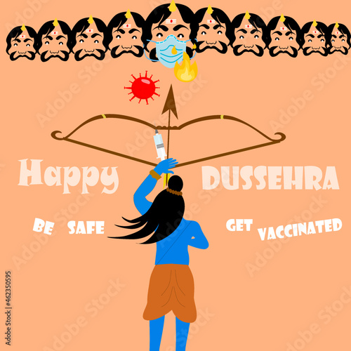 Lord Rama killing Ravana,Happy Dussehra festival in India,Corona Virus,covid-19,wear safety face mask and get Vaccinate. 