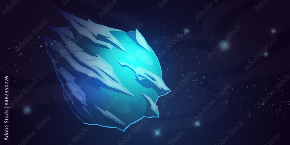 Ice planet in space, galaxy comet with crystal surface, blue frozen globe with glaciers in universe. Fantasy meteor in starry sky. Astronomy object in cosmos, alien world, Cartoon vector illustration - obrazy, fototapety, plakaty 