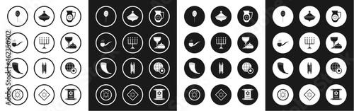 Set Decanter with star of david, Hanukkah menorah, Smoking pipe smoke, Balloons ribbon, Jewish goblet and hanukkah sufganiyot, dreidel, World Globe Israel and Traditional ram horn, shofar icon. Vector