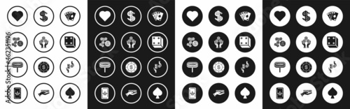 Set Playing cards, Hand holding casino chips, Casino chips, game dice glass of whiskey with ice cubes, heart symbol, Game, Dollar, exchange on stacks dollars and signboard icon. Vector
