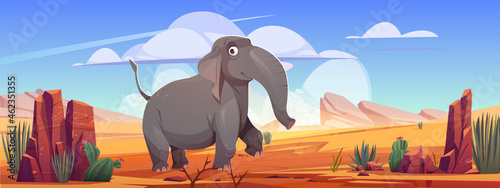 Funny elephant walk at desert landscape, cartoon wild animal character at deserted nature background with sand, rocks and cacti. Wildlife, safari park or outdoor zoo environment, Vector illustration