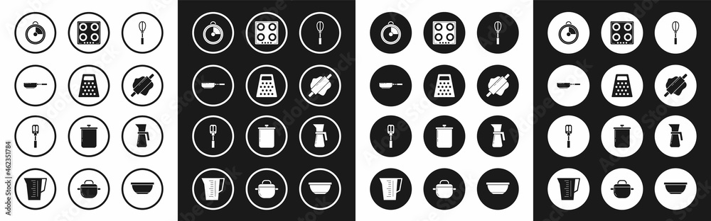 Set Kitchen whisk, Grater, Frying pan, timer, Rolling pin, Gas stove, Measuring cup and Spatula icon. Vector