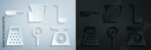 Set Frying pan, Kitchen ladle, Grater, Scales, Measuring cup and icon. Vector