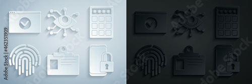 Set Identification badge, Password protection and safety access, Fingerprint, Smartphone with closed padlock, Eye scan and Secure your site HTTPS, SSL icon. Vector