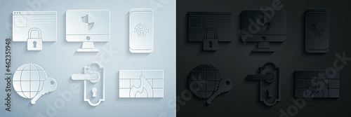 Set Door handle, Smartphone with fingerprint scanner, Globe key, Firewall, security wall, Computer monitor shield and Secure your site HTTPS, SSL icon. Vector