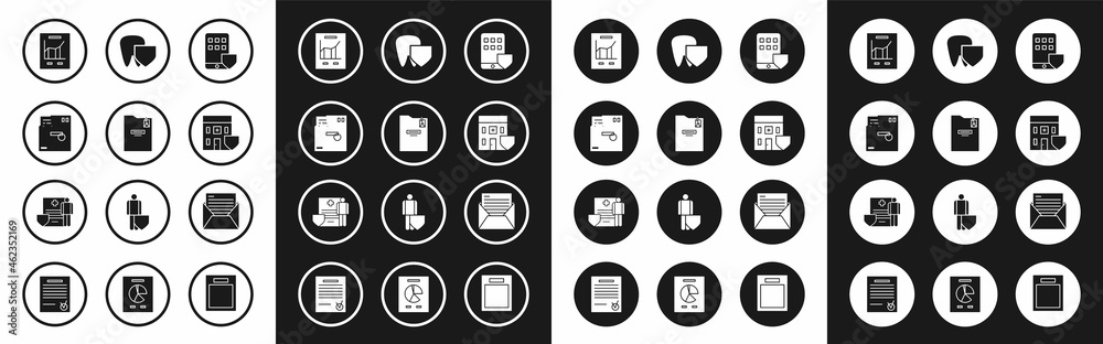 Set Smartphone insurance, Personal folder, Ordered envelope, Document with graph chart, Medical hospital building shield, Tooth, Mail and e-mail and clipboard clinical record icon. Vector Set Smartphone insurance, Personal folder, Ordered envelope, Document with graph chart, Medical hospital building shield, Tooth, Mail and e-mail and clipboard clinical record icon. Vector