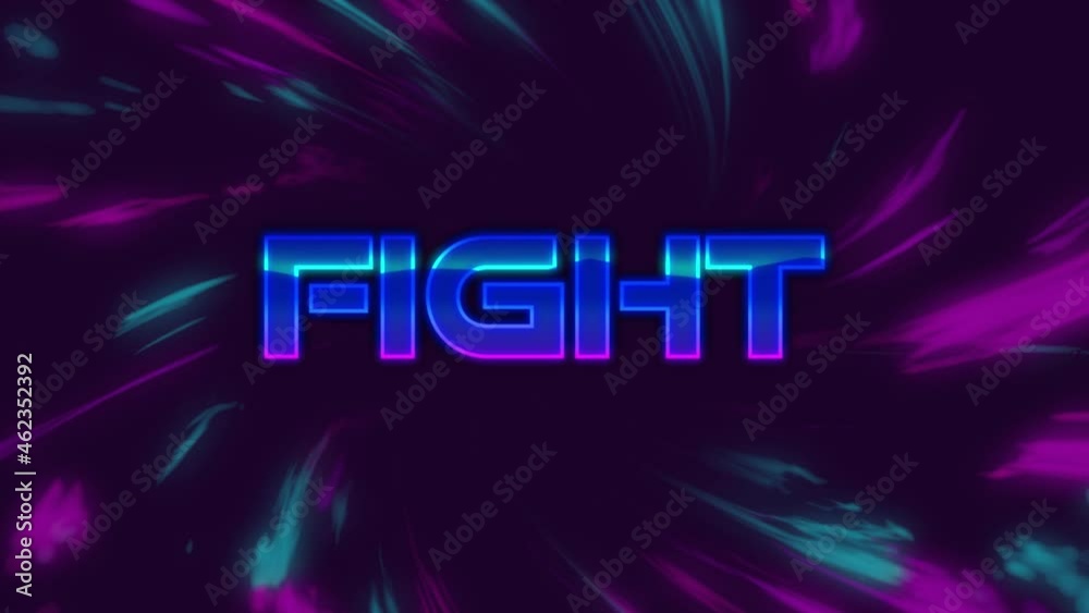 Animation of fight text over colorful moving lights on dark background