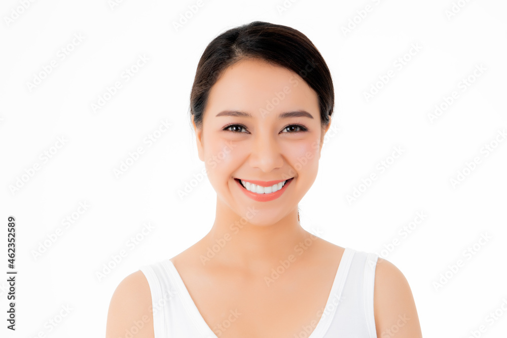 Portrait Asian woman smiling, comfortable mood, relaxed, beautiful smile and nice teeth. Happy looking at the camera in the studio, isolated on a white background. Portrait Asian woman smiling, comfortable mood, relaxed, beautiful smile and nice teeth. Happy looking at the camera in the studio, isolated on a white background.