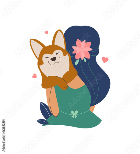 The design is a woman and dog in love. The puppy is a husky love