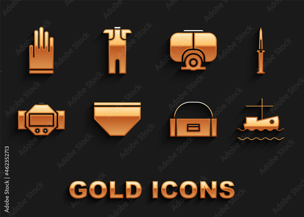 Set Swimming trunks, Army knife, Fishing boat on water, Case or box container for wobbler, Diving watch, mask, Gloves and Wetsuit scuba diving icon. Vector Set Swimming trunks, Army knife, Fishing boat on water, Case or box container for wobbler, Diving watch, mask, Gloves and Wetsuit scuba diving icon. Vector