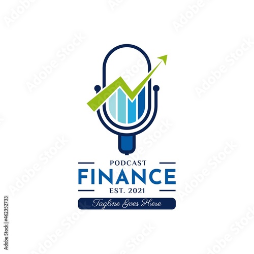 Podcast Finance Logo. Economy invests business podcast logo. With a microphone, and financial charts icon. Premium and luxury design