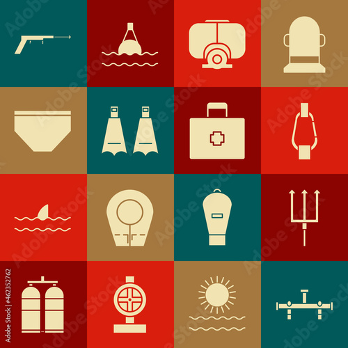 Set Manifold, Neptune Trident, Carabiner, Diving mask, Rubber flippers for swimming, Swimming trunks, Fishing harpoon and First aid kit icon. Vector