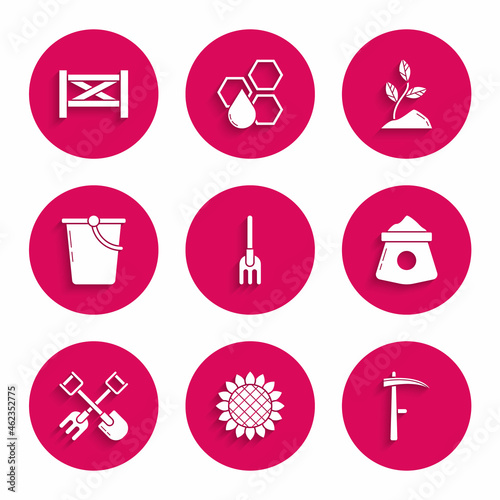 Set Garden rake, Sunflower, Scythe, Bag of flour, Shovel and, Bucket, Sprout and fence wooden icon. Vector