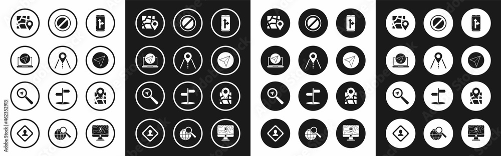 Set Infographic of city map navigation, Road traffic sign, Folded with location marker, Paper airplane, Stop, and Search icon. Vector Set Infographic of city map navigation, Road traffic sign, Folded with location marker, Paper airplane, Stop, and Search icon. Vector