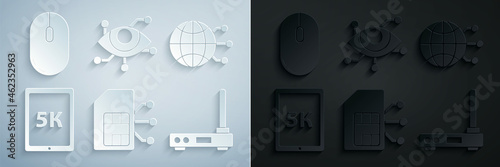 Set Sim card, Global technology or social network, Tablet with text 5k, Router and wi-fi signal, Virtual reality and Computer mouse icon. Vector