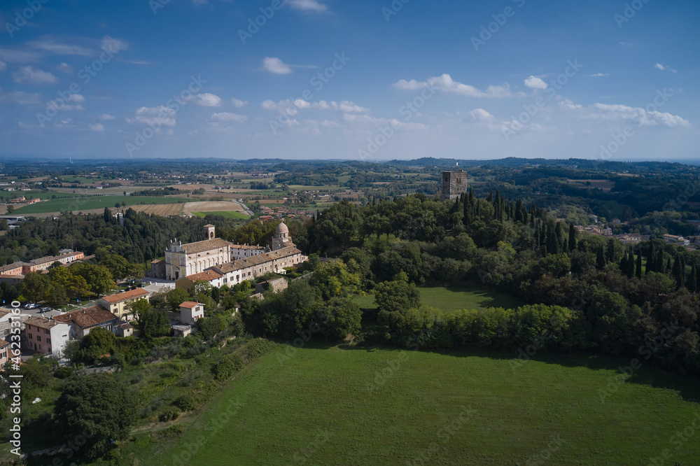 Historic Italian town on the hill, Solferino, Mantova, Italy. Aerial panorama of Solferino, Mantova, Italy. Aerial view of the Museum of Resurgence. Aerial view of the Rocca di Solferino, Mantova. Historic Italian town on the hill, Solferino, Mantova, Italy. Aerial panorama of Solferino, Mantova, Italy. Aerial view of the Museum of Resurgence. Aerial view of the Rocca di Solferino, Mantova.