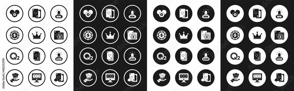 Set Casino win, Crown, chip with dollar, Billiard pool snooker 8 ball, and playing cards, Playing heart, losing and chips icon. Vector Set Casino win, Crown, chip with dollar, Billiard pool snooker 8 ball, and playing cards, Playing heart, losing and chips icon. Vector