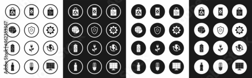 Set Paper shopping bag with recycle, Recycle symbol inside shield, Earth globe and leaf, gear, Oil barrel line, Recharging and Recycling plastic bottle icon. Vector