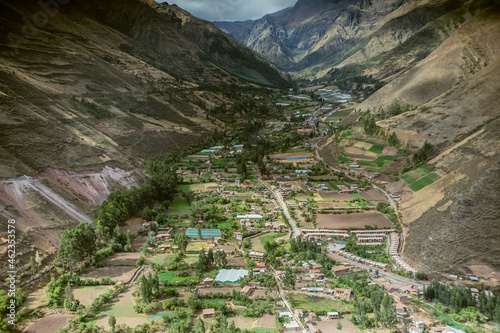 Vista aérea Valle sagrado de los Incas. Urubamba, Cusco. Perú