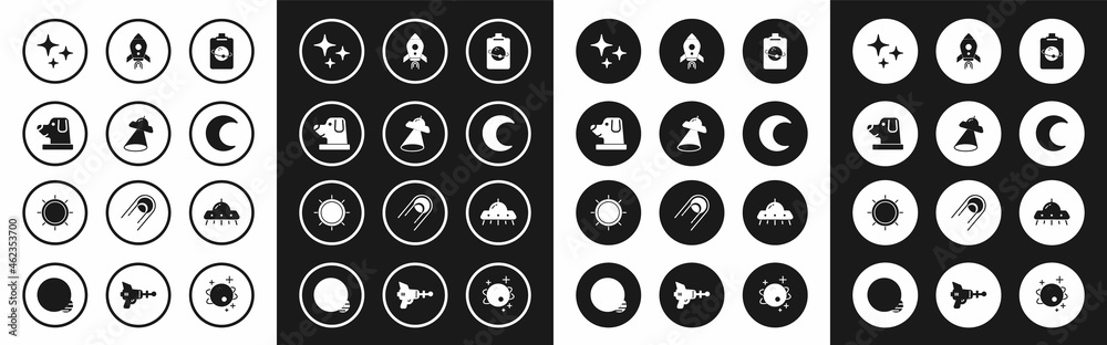 Set Planet, UFO flying spaceship, Dog astronaut helmet, Falling star, Moon and stars, Rocket with fire, and Sun icon. Vector Set Planet, UFO flying spaceship, Dog astronaut helmet, Falling star, Moon and stars, Rocket with fire, and Sun icon. Vector