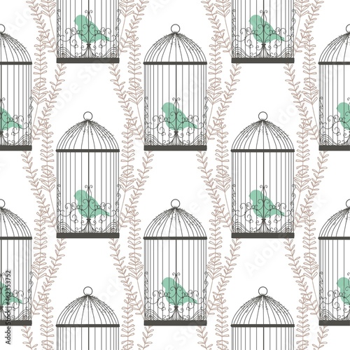 Stylish pattern with birds and cages in Victorian style. Birds of Paradise. Golden branches drawing. A modern pattern for wallcoverings, fabrics and textiles
