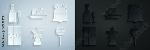 Set Christmas star, Merry ringing bell, Gift box, Lollipop, Marzipan sponge cake and Champagne bottle and glass of champagne icon. Vector