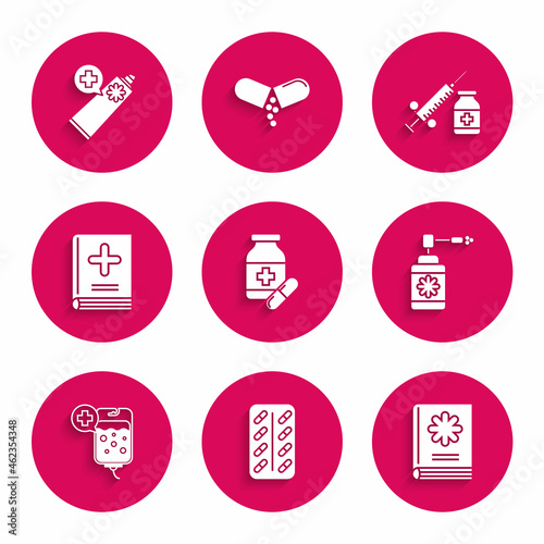 Set Medicine bottle and pills, Pills blister pack, Medical book, with nozzle spray, IV bag, syringe needle vial or ampoule and Ointment cream tube medicine icon. Vector