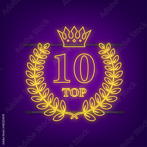 Top 10 - Top Ten gold with blue neon label on black background. Vector illustration