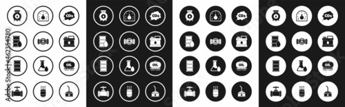 Set CO2 emissions in cloud, Industry metallic pipes and valve, Barrel oil, Oil gas industrial factory building, Canister for motor machine, Motor gauge, railway cistern and icon. Vector