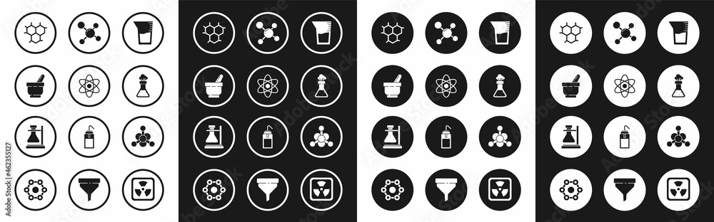 Set Laboratory glassware or beaker, Atom, Mortar and pestle, Chemical formula, Test tube flask chemical, Molecule, Bacteria and on stand icon. Vector