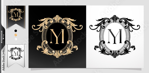 heraldic coat of arms YM or MY initial letter. graphic name Frames and Border of floral designs, applicable for Monogram, insignia, wedding couple name, badge label premium design.