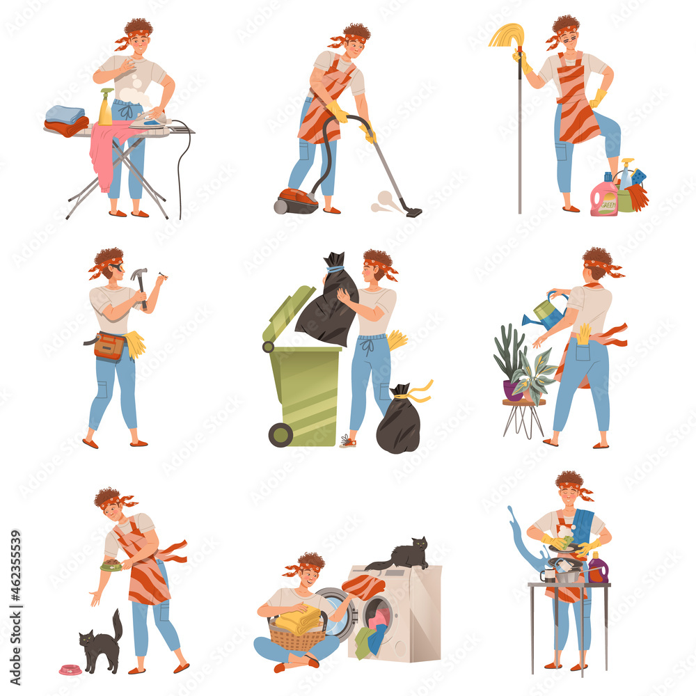 Househusband doing daily routine set. Man ironing clothes, cleaning floor, throwing garbage, feeding pet animal cartoon vector illustration