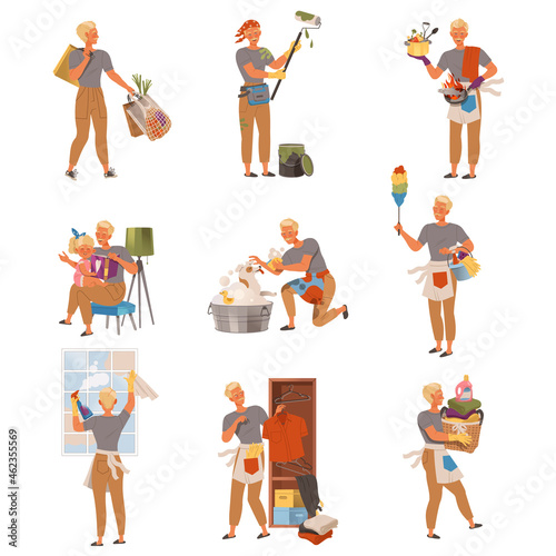 Househusband doing daily routine set. Man shopping, painting wall, wiping dust, washing window, putting clothes at wardrobe cartoon vector illustration